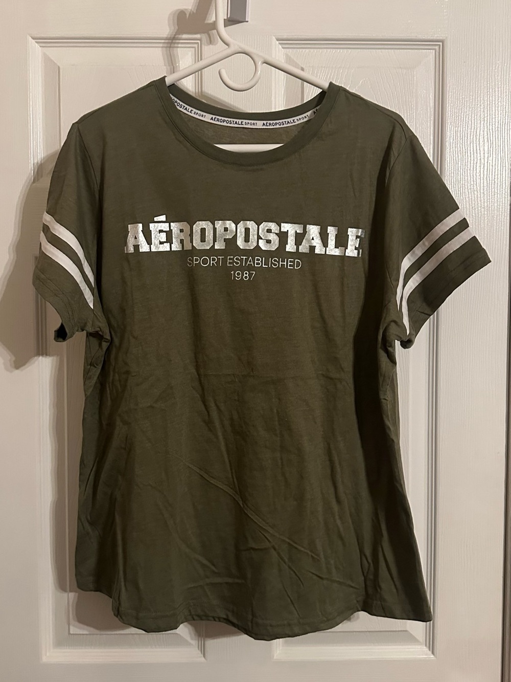 Aeropostale Olive Green Graphic Tee with White Stripes